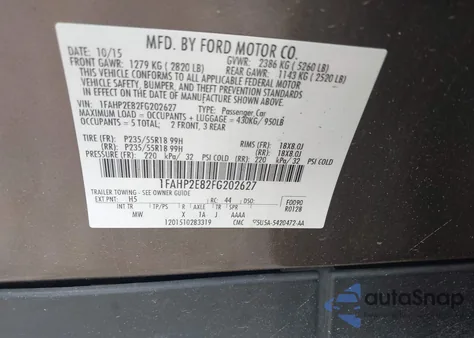 2015 Ford Taurus Sel z USA, uszkodzony, nr VIN 1FAHP2E82FG202627